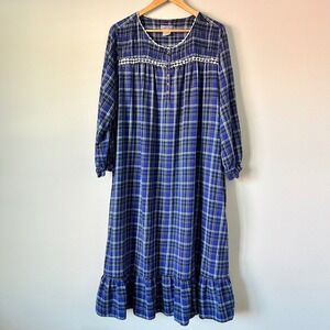 Cottagecore Traditional Nightgown Plaid Cotton Long Sleeve Ruffle Lace Plus 1X